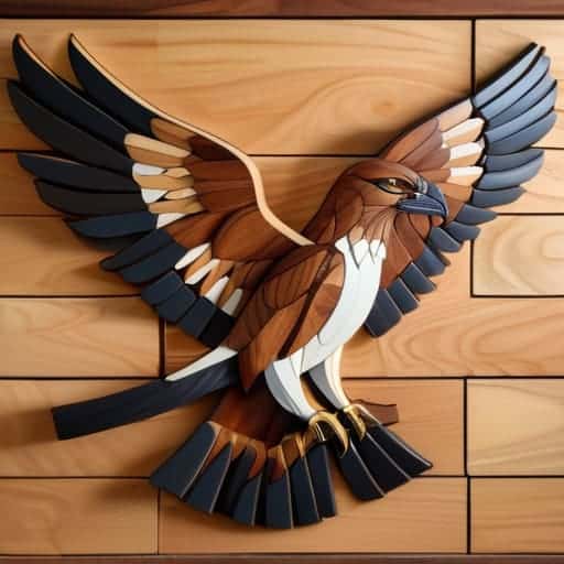 Detailed Intarsia wood mosaic art piece.